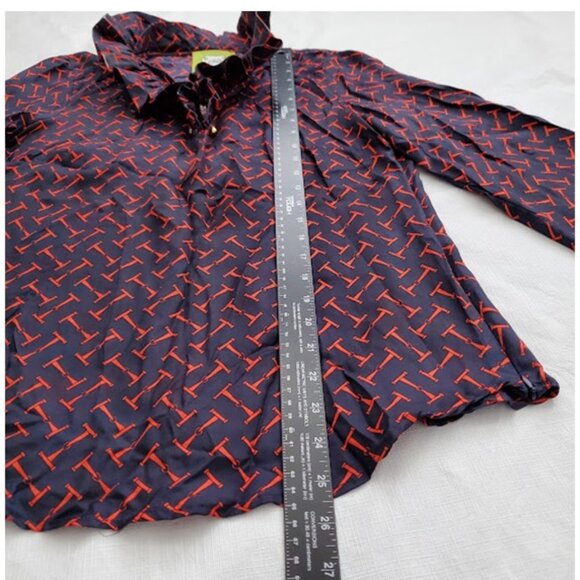 Elizabeth McKay Silk Ruffle Blouse Navy/Red Equestrian Chic T-Bar Print Top Sz 6 - Picture 11 of 13